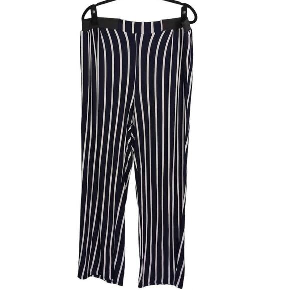 Ashley Stewart Pants - Ashley Stewart Striped Dress Pants Women 26/28 Navy Blue Wide Leg Elastic Waist